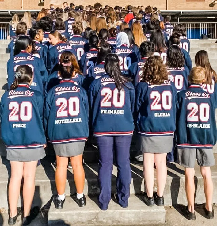 Senior students in custom Varsity Jacket